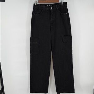 MOMOKROM Women's High Waisted Wide Leg Black Cargo Pants Sz 29 Med. UK 10 NWT